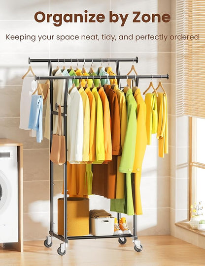 Double Rods Clothes Rack, Rolling Clothing Rack with Wheels, Metal Clothing Racks for Hanging Clothes, Portable Garment Rack Sturdy Closet Rack Trending Coat Rack for Laundry Bedroom Living Room