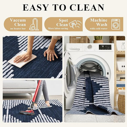HelloTree Hallway Runner Rug，2.6x12 Moroccan Modern Stripe Carpet Washable Machine Bathroom Runner Bohemian Design Modern Soft Non Slip Indoor Rug for Entryway Hallway Laundry Room Bedroom-Blue