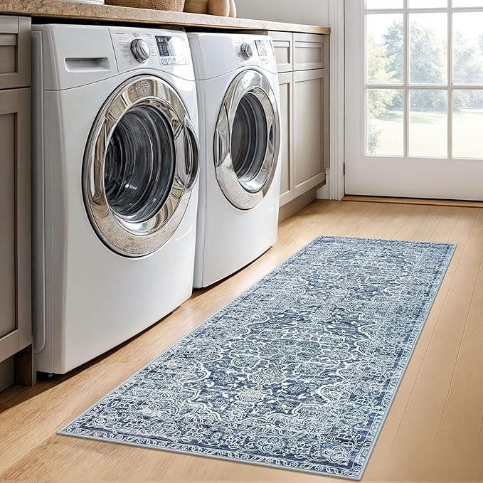 KUTA Vintage Washable Runner Rug, 2x5 Runners Non-Slip Blue White 5ft Hallway Kitchen Rugs Ultra Soft Printed Floral Distressed Tribal Farmhouse Carpet for Bedroom Entryway Decor