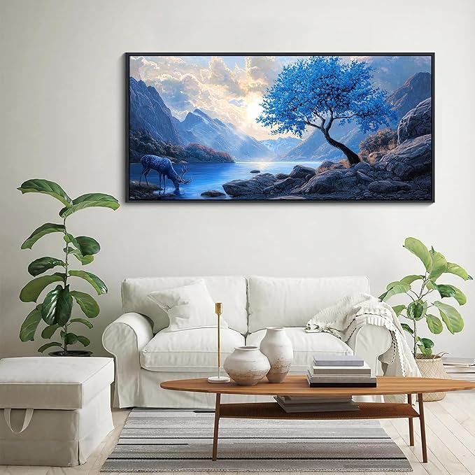 HKDGOKA Blue Tree Landscape Wall Art - Mountain Lake Clouds Sunset Framed Painting Eagles & Deer Scenery Wall Picture for Artwork for Living Room Kitchen Farmhouse Modern Bedroom Decor 20x40 IN