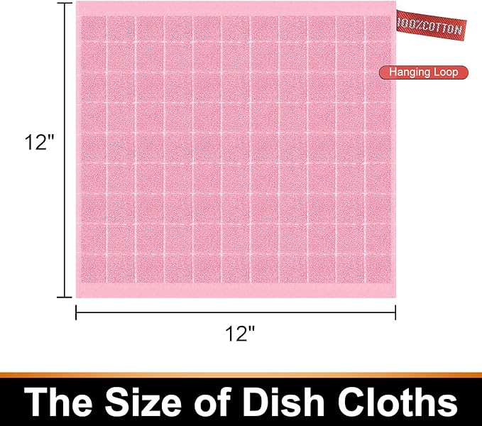 Mordimy 100% Cotton Terry Cloth Dish Cloths, Soft and Absorbent Checkered Dish Towels, Quick Drying Dish Rags for Washing Dishes, 6 Pack, 12 x 12 Inches, Pink