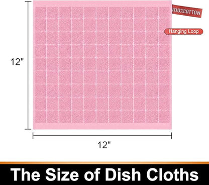 Mordimy 100% Cotton Terry Cloth Dish Cloths, Soft and Absorbent Checkered Dish Towels, Quick Drying Dish Rags for Washing Dishes, 6 Pack, 12 x 12 Inches, Pink