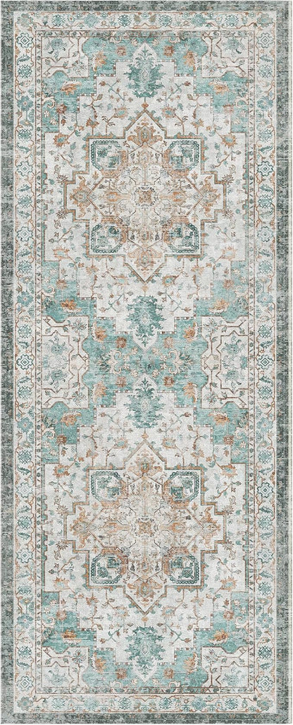 GENIMO 2‘6“x10 Runner Rugs for Hallway, Machine Washable Non Slip Vintage Rugs, Low Pile Lightweight Soft Print Rug for enrtyway, Corridor, Home Office, Kitchen, Cyan
