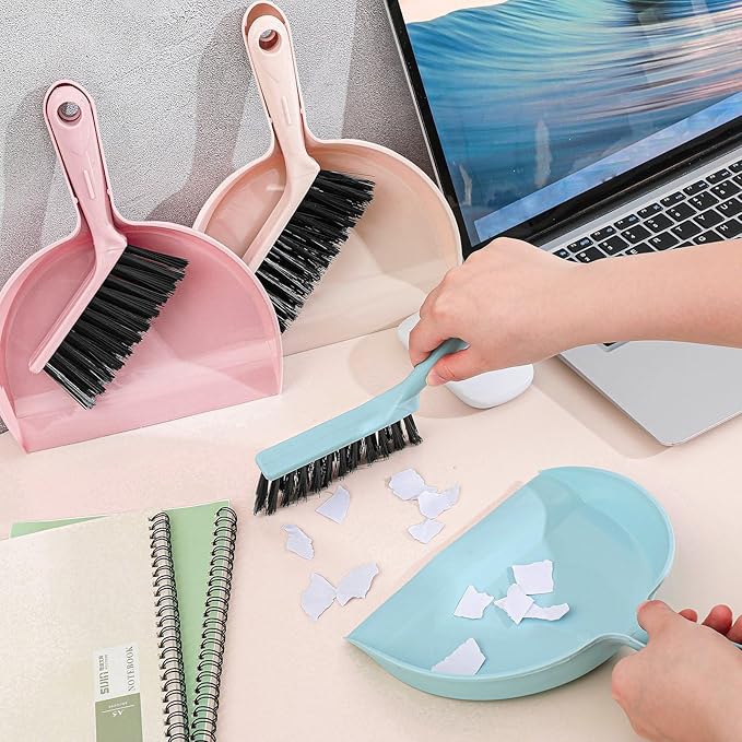 Sliner 18 Pack Mini Dustpan and Brush Set Plastic Dust Pans with Brush Small Broom and Dustpan Set Mini Broom Dust Pan for Home Office Kitchen Table Desktop Floor Cleaning Supplies(Blue, Pink,Beige)