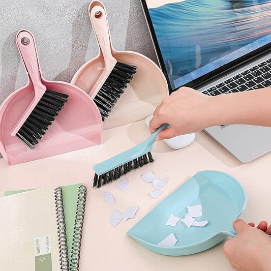 Sliner 18 Pack Mini Dustpan and Brush Set Plastic Dust Pans with Brush Small Broom and Dustpan Set Mini Broom Dust Pan for Home Office Kitchen Table Desktop Floor Cleaning Supplies(Blue, Pink,Beige)