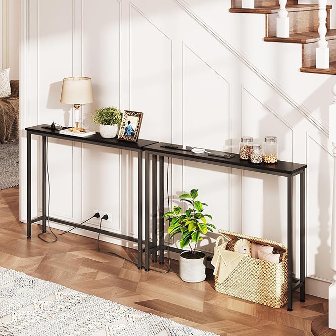 VERMESS 2 Pack Sofa Table with Power Outlets for Entryway, 39 inch Long Behind Couch Table with Metal Frame and 6.5’ Extension Cord for Hallway, Foyer, Living Room, Black