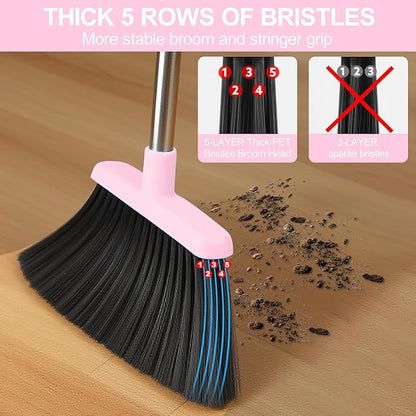 Broom and Dustpan Set, Broom with Dustpan Combo Set for Home 54-in Long Adjustable Handle Dustpan Teeth to Clean Hair for Home Office Kitchen Lobby(Pink)