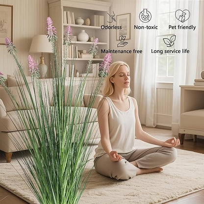 4ft 2-Pack Horsetail Reed Grass with Purple Cockscomb Flower, 48in Tall Indoor Outdoor Green Onions Fake Plants in Pot, Home Office Decorative Artificial Plant & Greenery, Wedding Décor
