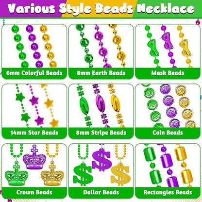 2000PCS Mardi Gras Beads Bulk, 9 Styles Purple Gold Green Mardi Gras Beads Necklaces Assortment, Coin Crown Mask Dollar Metallic Beaded Accessories for Mardi Gras Decorations Throws Party Favors