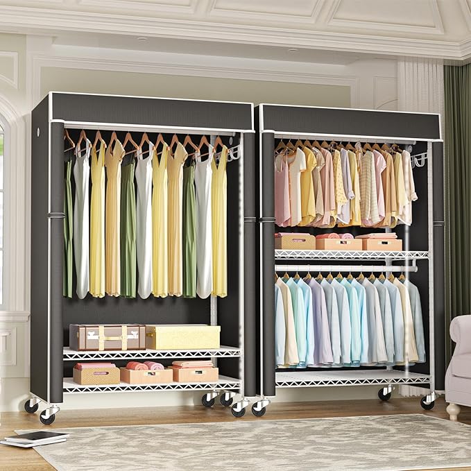 White Clothing Rack with Black Cover, P1C Plus Rolling Closets with Wheels, Metal Garment Rack for Hanging Clothes, Clothing Storage Wardrobe, 46" W x 18.5" D x 80.7" H, Load 524 Pounds