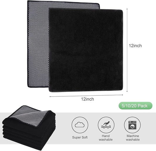 SINLAND Microfiber Dish Cloth for Washing Dishes Dish Washing Rags Best Kitchen Washcloth Cleaning Cloths Wash Cloths with Poly Scour Side 12Inchx12Inch 10 Pack Black