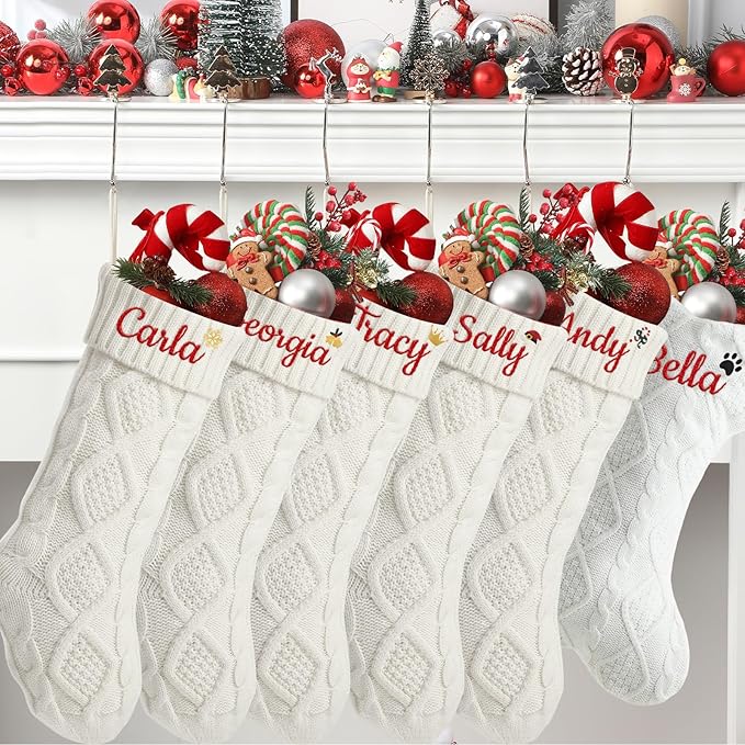 Personalized Christmas Stockings,Custom Embroidered Name+Logo Xmas Knitted Stockings 18'',Holiday and Family Stocking for Fireplace Christmas Holiday Party Decoration 1-6Pack（White）