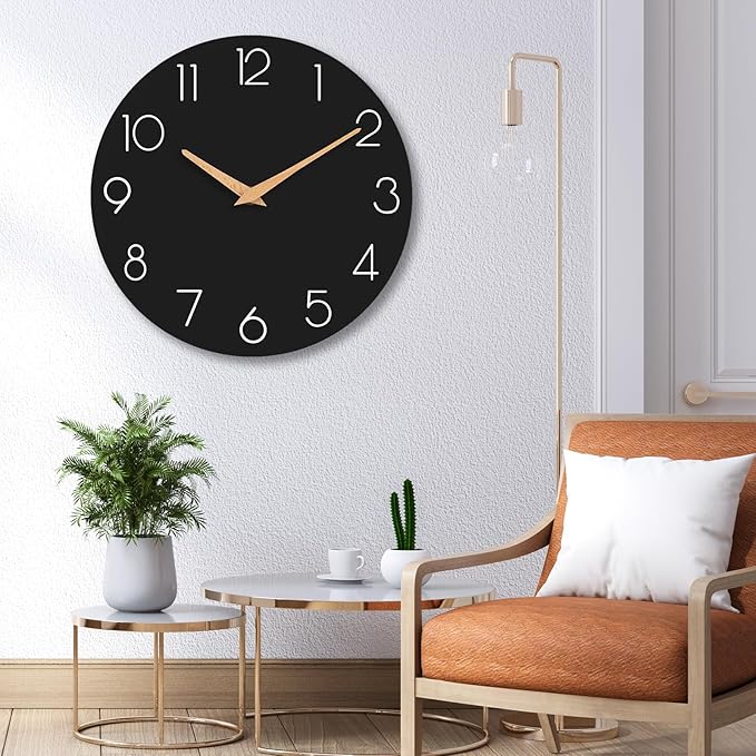 Wall Clock, 16 Inch Wooden Battery Operated Wall Clocks Silent Non-Ticking, Decorative Black Clock for Living Room, Bedroom, Kitchen, Home, Office, School, Hotel