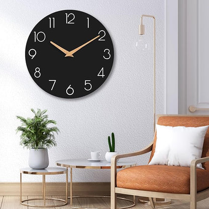 Wall Clock, 16 Inch Wooden Battery Operated Wall Clocks Silent Non-Ticking, Decorative Black Clock for Living Room, Bedroom, Kitchen, Home, Office, School, Hotel