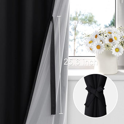 XWZO Complete Blackout Shades Window Curtain Panels with Tiebacks- Noise Reduction and Light Blocking Grommet Curtains with Black Liner for Studio, Basement Room, Black, W42 x L72, Set of 2
