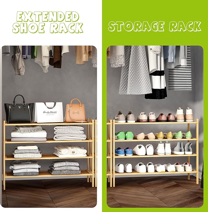 BMOSU 4-Tier Bamboo Extended Shoe Rack Premium Stackable Shoe Shelf Storage Organizer for Hallway Closet Living Room Entryway Organizer(Natural)