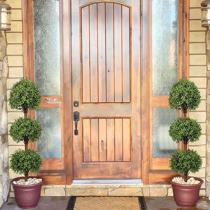 THE BLOOM TIMES 55" Tall Artificial Boxwood Triple Ball Topiary Trees, UV Resistant Large Fake Potted Plants for Outdoor Planter, Realistic Faux Bushes Shrubs for Front Porch Outside Decor Set of 2