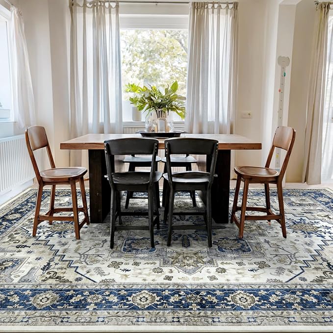 Machine Washable Area Rug 8x10 - Large for Living Room Vintage Oriental Soft Rugs, Low Pile Thin Floor Carpet with Non Slip Backing for Bedroom, Dorm, Under Dining Room Table, Indoor House, Office