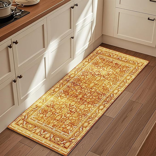 OPPODREAM Thin Vintage Orange 2x6 Runner Rug, 2 x 6 Retro Washable Rug Non Slip, Low-Pile Faux Wool Carpet, Distressed Floor Mat for Kitchen, Hallway, Entry-Way, Entrance, Indoor Back Door