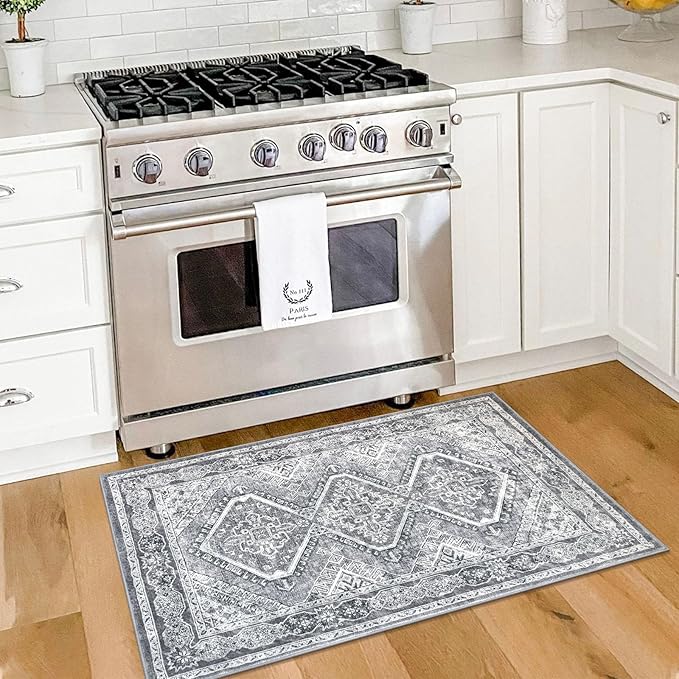 KUTA Rugs for Entryway Oriental Small Washable Area Rug 2x3 Grey Non-Slip Ultra Soft Printed Vintage Distressed Tribal Low-Pile Indoor Door Mat Carpet for Entrance Bedroom Kitchen