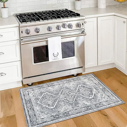 KUTA Rugs for Entryway Oriental Small Washable Area Rug 2x3 Grey Non-Slip Ultra Soft Printed Vintage Distressed Tribal Low-Pile Indoor Door Mat Carpet for Entrance Bedroom Kitchen