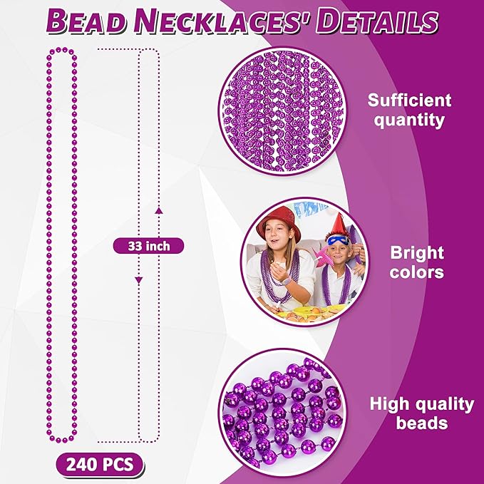 240PCS Purple Beads, Purple Beads Necklace Accessories, 33" Mardi Gras Halloween Necklaces Throw Accessories, Mardi Gras Wedding Birthday Celebrations Party Parade Decorations Bulk