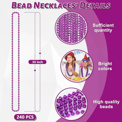 240PCS Purple Beads, Purple Beads Necklace Accessories, 33" Mardi Gras Halloween Necklaces Throw Accessories, Mardi Gras Wedding Birthday Celebrations Party Parade Decorations Bulk