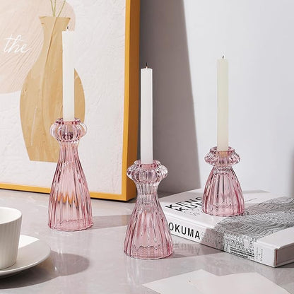 Lysenn Glass Candle Stick Holder Set of 6 – Premium Taper Candle Holders for Romantic Ambiance - Candle Sticks Holder Decor for Special Occasions - Pink