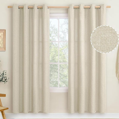 LAMIT Natural Linen Curtains for Living Room 80 inch Length 2 Panels, Linen Textured Thermal Insulated Curtains Grommet Privacy Neutral Drapes for Bedroom/Farmhouse, W52 x L80, Natural Beige