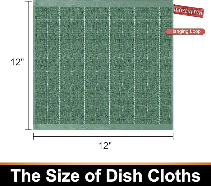 Mordimy 100% Cotton Terry Cloth Dish Cloths, Soft and Absorbent Checkered Dish Towels, Quick Drying Dish Rags for Washing Dishes, 12 Pack, 12 x 12 Inches, Grass Green
