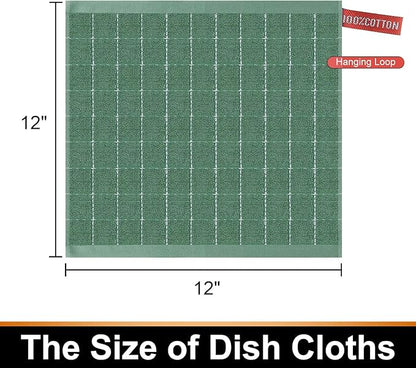 Mordimy 100% Cotton Terry Cloth Dish Cloths, Soft and Absorbent Checkered Dish Towels, Quick Drying Dish Rags for Washing Dishes, 8 Pack, 12 x 12 Inches, Grass Green