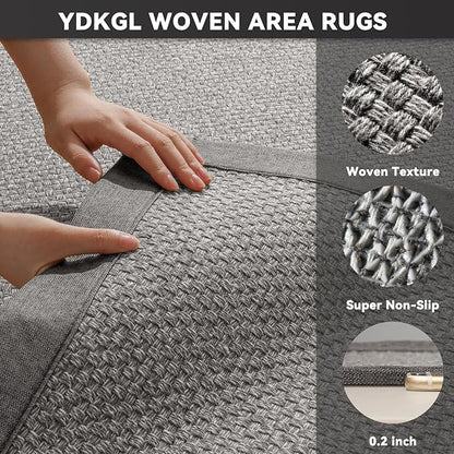 Washable Area Rug 6x9 Large Jute Like Rug for Living Room, Soft Non Slip Rugs Carpet for Dining Room Bedroom Cotton Boho Woven Braided Rugs Home Office Decor, Grey