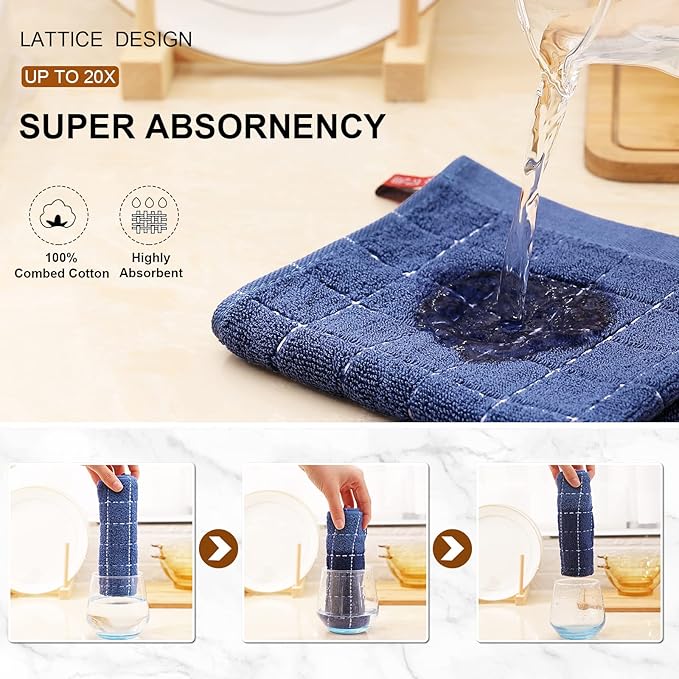 Mordimy 100% Cotton Terrycloth Kitchen Towels and Dishcloths Sets, Soft and Absorbent Checkered Dish Towels, Quick Drying Dish Rags for Washing Dishes, 4 Pack 16" x 26" & 4 Pack 12" x 12", Navy Blue
