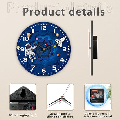 Space Travel Style Wall Clock Vintage Wooden Wall Clock Silent Non-Ticking Battery Operated Arabic Numerals Wall Clocks Decorative for Kitchen, Office, Classroom 10 Inch