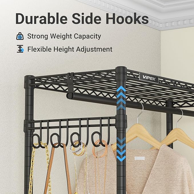 VIPEK R3LC Clothes Rack with Cover, Heavy Duty Garment Rack with Dimmable LED Lights, Rolling Portable Closet for Hanging Clothes Metal Clothing Rack with Wheels, Black Rack with Grey Cover