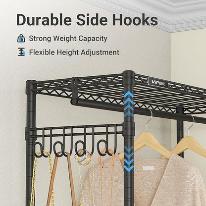 VIPEK R2C Plus Heavy Duty Rolling Garment Racks with Cover Clothing Rack for Hanging Clothes Portable Closet with Adjustable Wire Shelving & Double Rods, Black Rack with Black Upgarded Polyester Cover