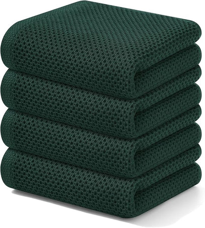 Kitinjoy 100% Cotton Waffle Weave Kitchen Towels, 4-Pack Super Soft and Absorbent Dish Towels for Drying Dishes, Kitchen Hand Towels, 13 in x 28 in, Blackish Green