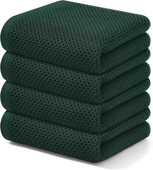 Kitinjoy 100% Cotton Waffle Weave Kitchen Towels, 4-Pack Super Soft and Absorbent Dish Towels for Drying Dishes, Kitchen Hand Towels, 13 in x 28 in, Blackish Green
