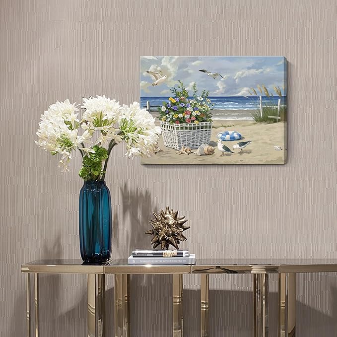 ARTZON Beach Wall Art Decor – Coastal Blue Ocean Seascape Canvas Print, Birds Seagulls Tropical Flowers Modern Landscape Picture for Bathroom or Bedroom Relaxing Summer Sea Scene Artwork 16x12 inch