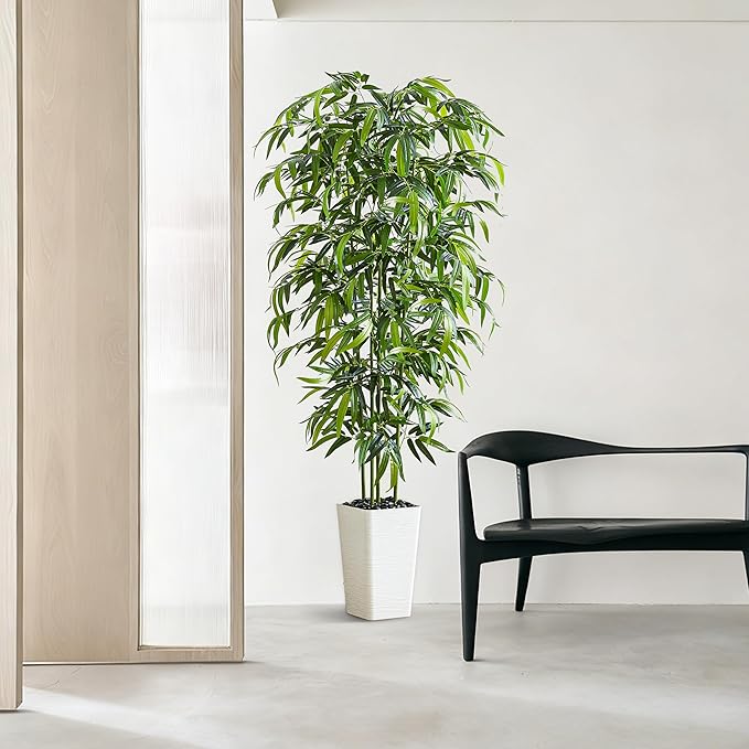 Artificial Bamboo Tree 6FT Tall Fake Plants Faux Bamboo Plant with White Tall Planter, Artificial Fake Trees Silk Plant with 5 Trunks and Lifelike Leaves for Home Office Indoor Outdoor Decor