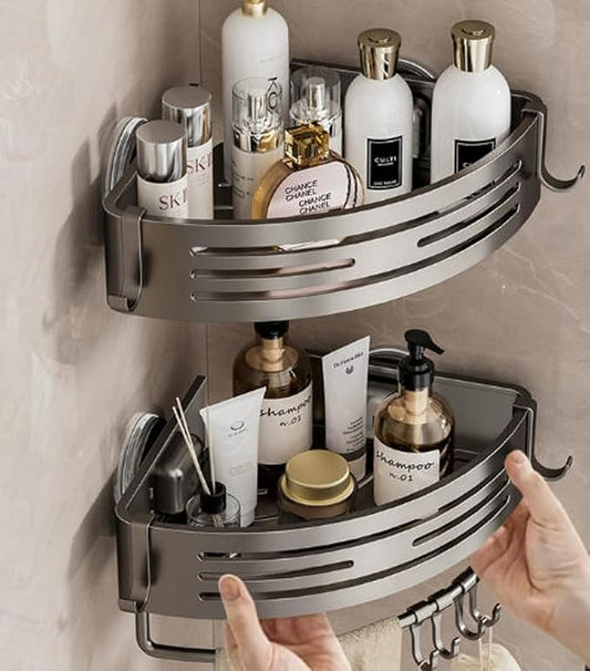 Suction Cup Corner Shower Caddy with Hooks and Towel Bar for Bathroom. Aluminum, Reusable, Rustproof, No Drill, No Tools, No Glue. Multifunctional, Hang Towel, Loofah, Sponge (2 Pack, Gray)