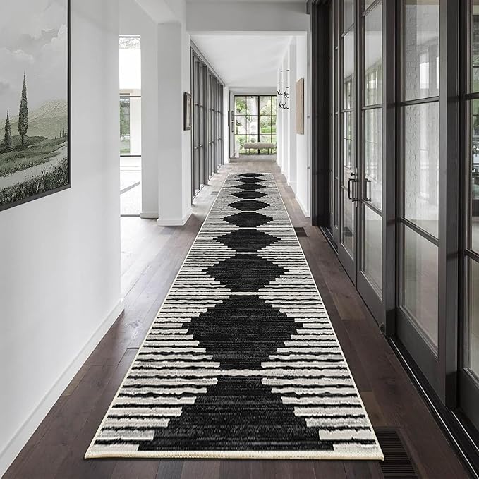 HelloTree Hallway Runner Rug，2.6x12 Moroccan Modern Stripe Carpet Washable Machine Bathroom Runner Bohemian Design Modern Soft Non Slip Indoor Rug for Entryway Hallway Laundry Room Bedroom-Black