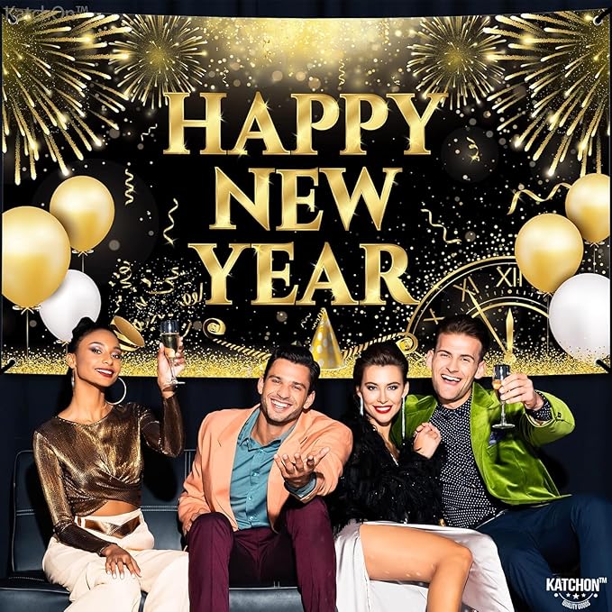 KatchOn, XtraLarge Happy New Year Banner - 72x44 Inch | New Years Backdrop for New Year Decorations 2026 | New Years Eve Party Supplies 2026 | NYE Decorations 2026