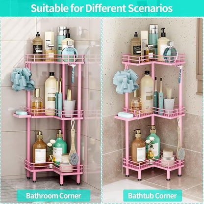 HapiRm Corner Shower Caddy Standing - 3 Tier Shower Organizer Corner with Soap Holder, Rustproof Bathroom Standing Organizer with 4 Hooks, Pink