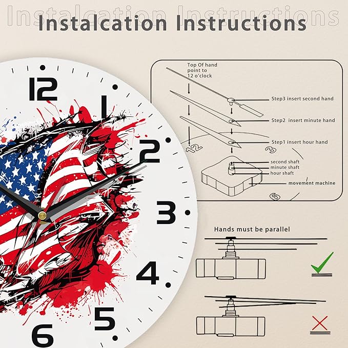 American Flag Street Art Style Wall Clock Silent Non-Ticking Battery Operated Clock 10 Inch, Home Decor for Living Room, Kitchen, Bedroom and Office