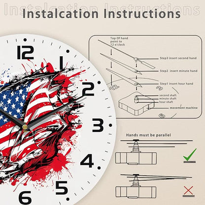 American Flag Street Art Style Wall Clock Silent Non-Ticking Battery Operated Clock 10 Inch, Home Decor for Living Room, Kitchen, Bedroom and Office