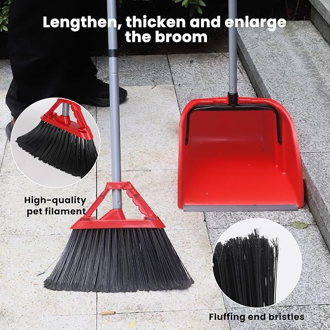 Commercial Broom and Dustpan Set, Jumbo Lobby Debris Dustpan (13.5inch*13.5inch), Heavy Duty Broom (14inch Width), 2 Sets, Red,for Indoor and Outdoor Cleaning