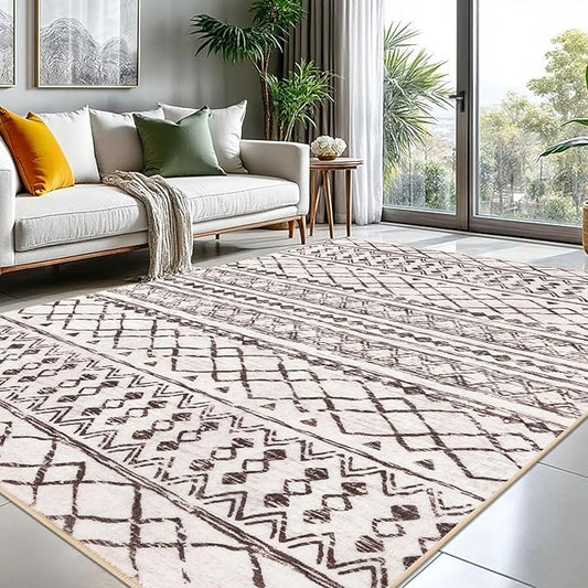 KUTA Boho Living Room Rug 8x10, Moroccan Brown Cream Washable Area Rugs 8x10 Non Slip, Ultra Soft Print Distressed Geometric Low-Pile Throw Carpet for Bedroom Nursery Dorm Decor