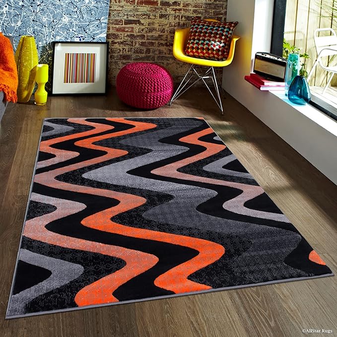 Allstar 8x10 Grey and Gainsboro Grey Modern and Contemporary Rectangular Accent Rug with Orange and Charcoal Grey Wavy Zigzag Design (7' 9" x 9' 8")