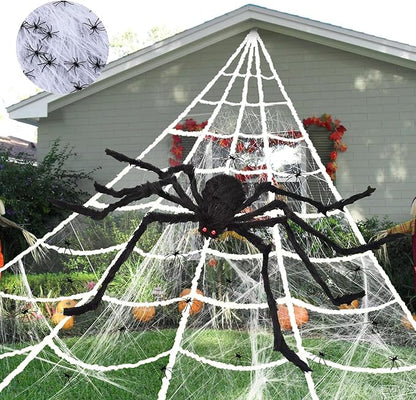 275" Halloween Triangle Spider Web and 59" Giant Spider Decorations Set with Stretch Cobweb - Halloween Party Supplies for Indoor Home Yard Patio Garden Haunted House Decor